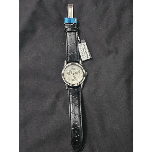 49.3mm Men\'s Quartz Analog Rhinestone Bezel Watch Black genuine Leather band main image 3